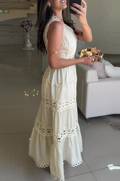 Casual Embroidered Hollow Out V Neck Sleeveless Dresses