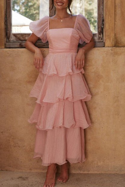 Casual Backless Flounce Square Neck Cake Skirt Dresses