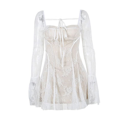 Long flared lace self tie mini dress