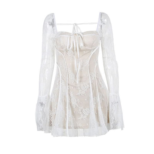 Long flared lace self tie mini dress