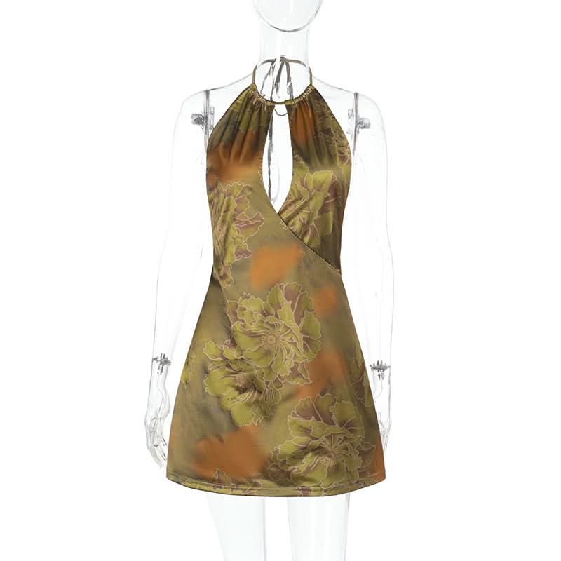 Halter backless hollow out flower print cut out mini dress