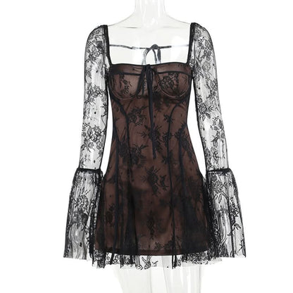 Long flared lace self tie mini dress