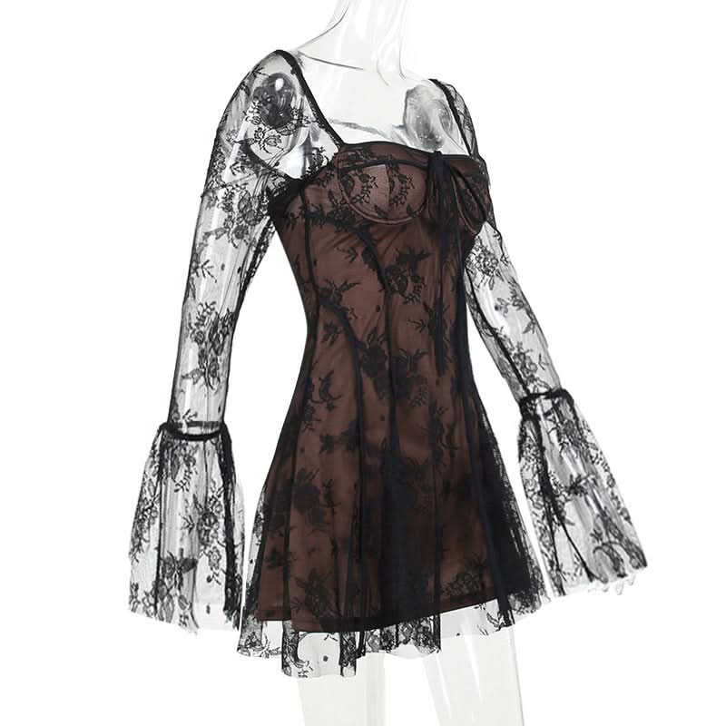 Long flared lace self tie mini dress