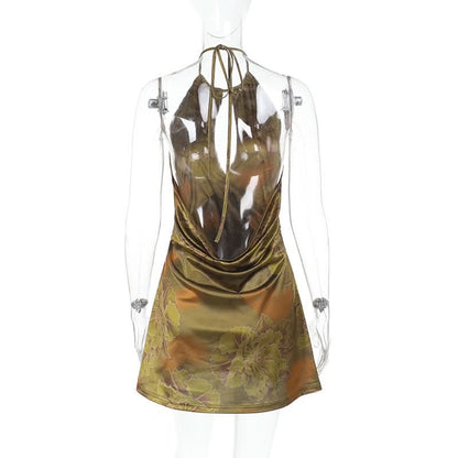 Halter backless hollow out flower print cut out mini dress