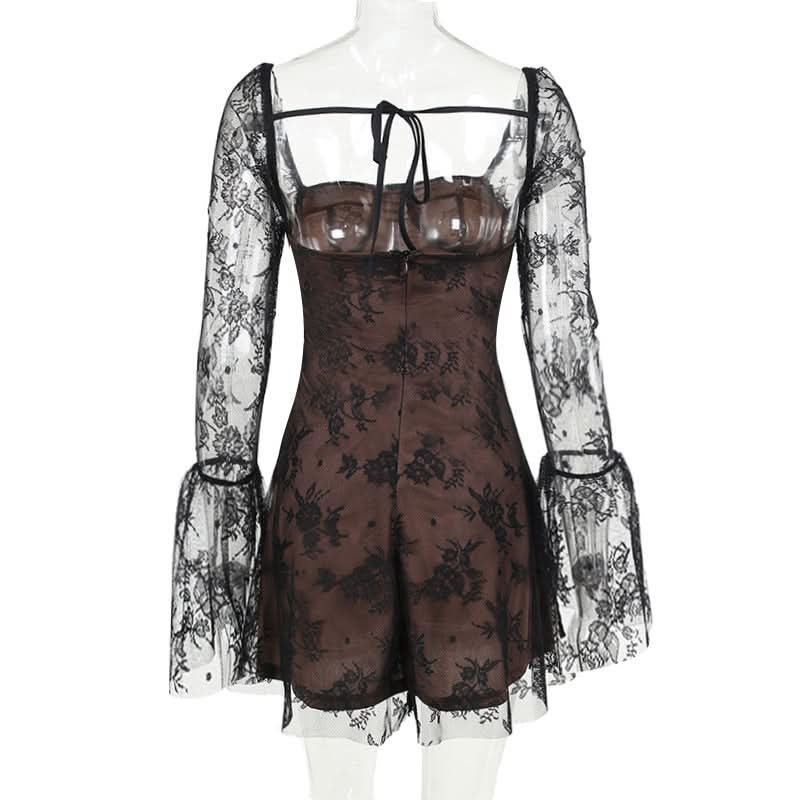 Long flared lace self tie mini dress