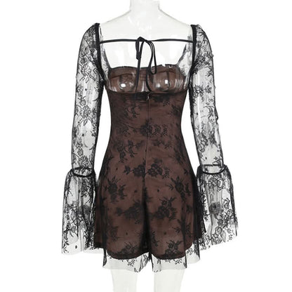 Long flared lace self tie mini dress