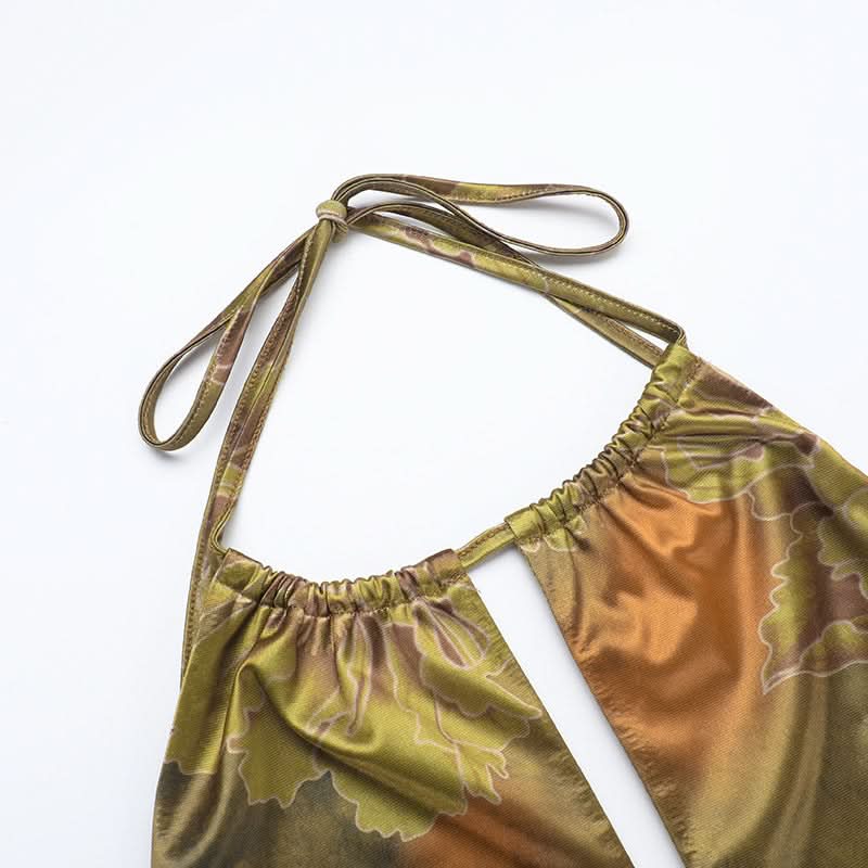 Halter backless hollow out flower print cut out mini dress