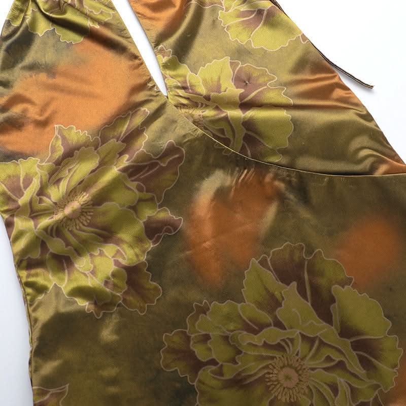 Halter backless hollow out flower print cut out mini dress