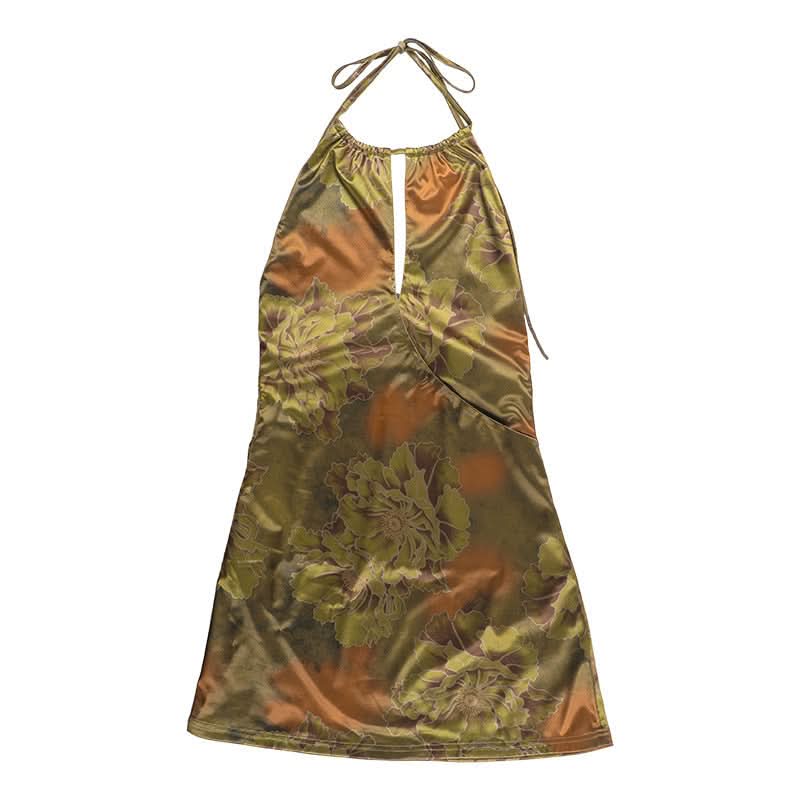 Halter backless hollow out flower print cut out mini dress