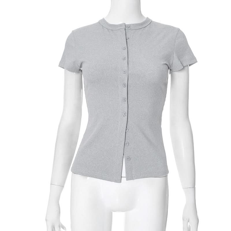 Short sleeve crewneck ribbed button top