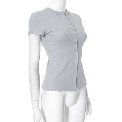 Short sleeve crewneck ribbed button top