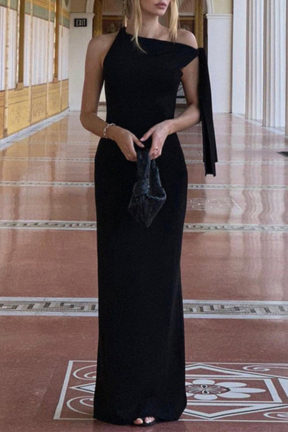 Sexy Solid Color Lace Up Irregular Sloping Shoulder Long Dresses