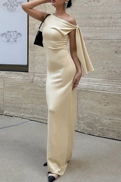 Sexy Solid Color Lace Up Irregular Sloping Shoulder Long Dresses