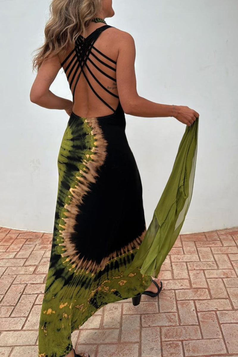 Sexy Tie Dye Backless Contrast U Neck Long Dresses(No accessories)
