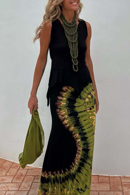 Sexy Tie Dye Backless Contrast U Neck Long Dresses(No accessories)