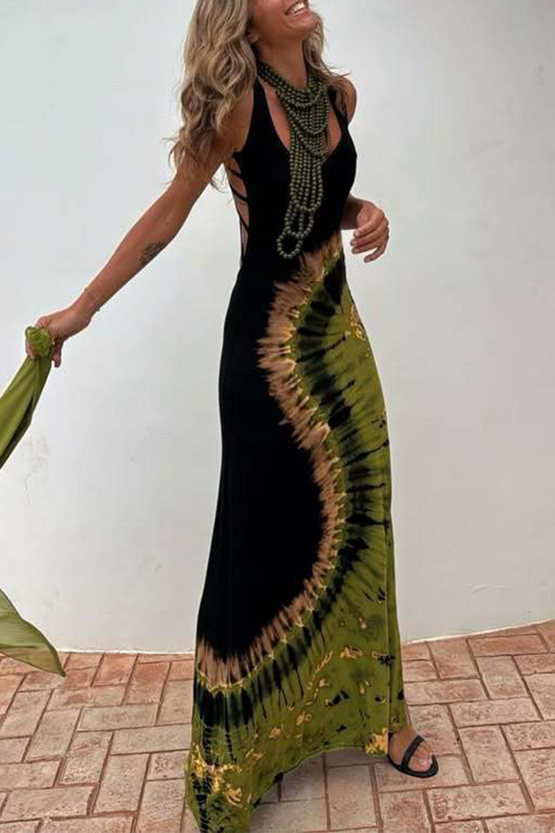 Sexy Tie Dye Backless Contrast U Neck Long Dresses(No accessories)