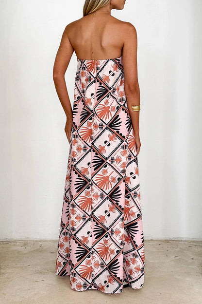 Vacation Floral Print Zipper Contrast Strapless Long Dresses