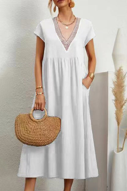 Casual Solid Color Pocket V Neck Short Sleeve Short Sleeve Dress