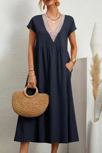Casual Solid Color Pocket V Neck Short Sleeve Short Sleeve Dress