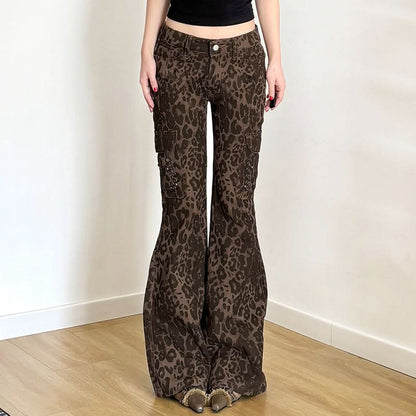 Leopard print pocket button low rise jeans