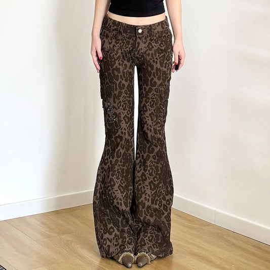 Leopard print pocket button low rise jeans