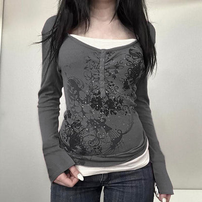 Long sleeve ribbed print patchwork top