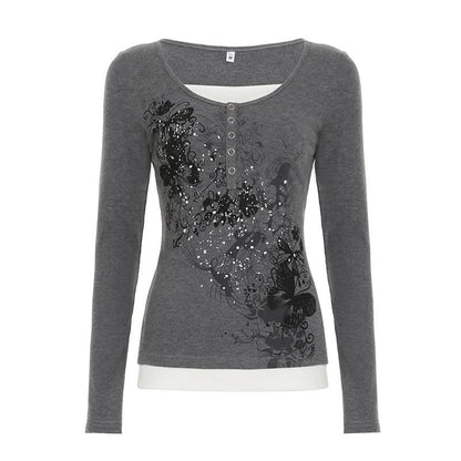 Long sleeve ribbed print patchwork top