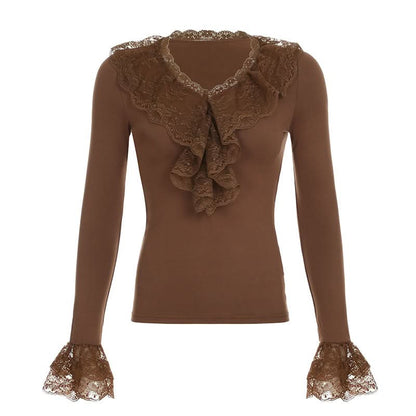 Long flared sleeve lace hem v neck ruffle top