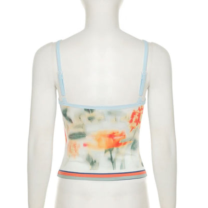 U neck flower print backless contrast cami top