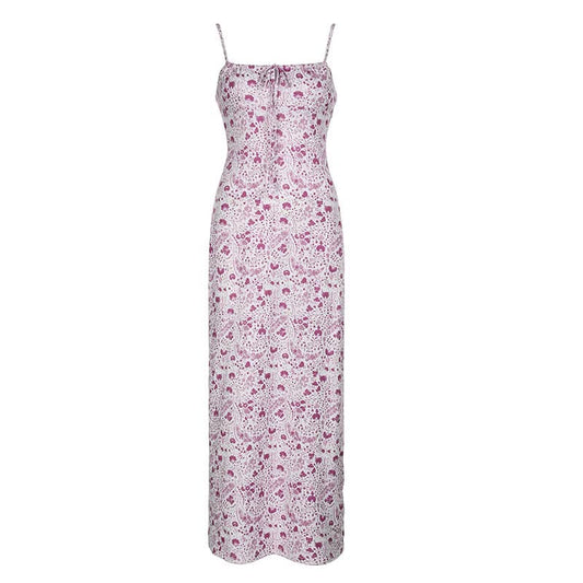 Square neck ruched flower print cami maxi dress