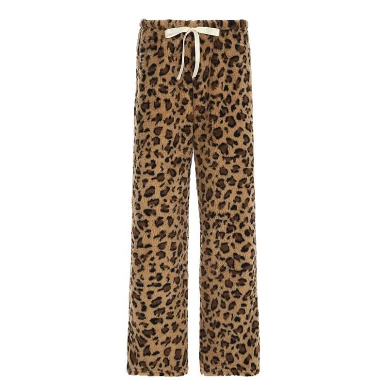 Drawstring leopard print fluffy low rise straight leg pant