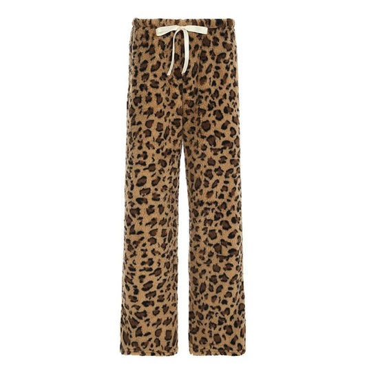 Drawstring leopard print fluffy low rise straight leg pant