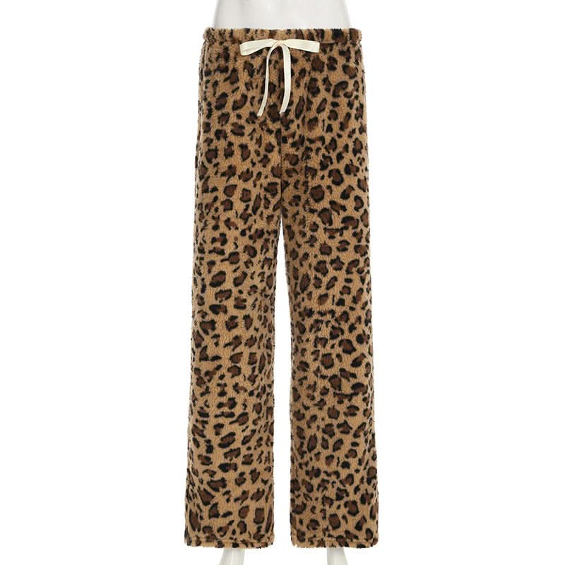 Drawstring leopard print fluffy low rise straight leg pant