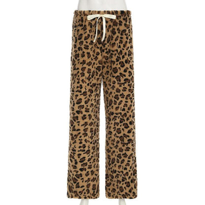 Drawstring leopard print fluffy low rise straight leg pant