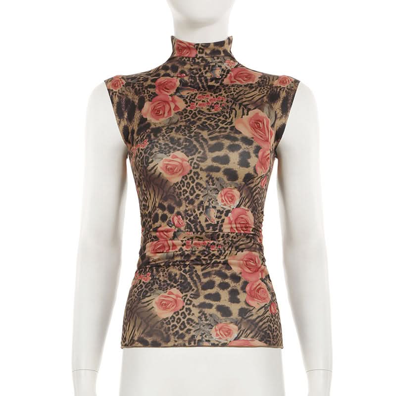 High neck flower print ruched contrast top