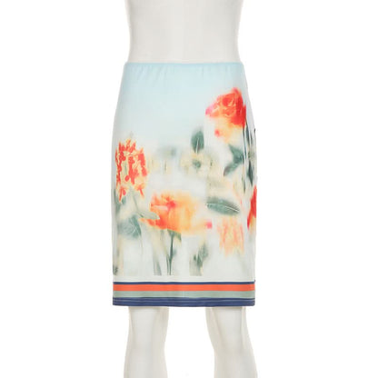 Ruched flower print contrast mini skirt