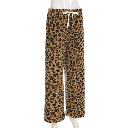 Drawstring leopard print fluffy low rise straight leg pant