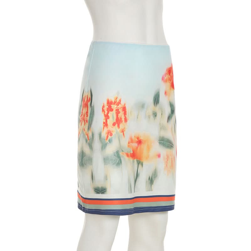 Ruched flower print contrast mini skirt