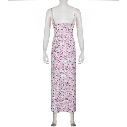 Square neck ruched flower print cami maxi dress