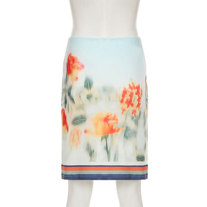 Ruched flower print contrast mini skirt
