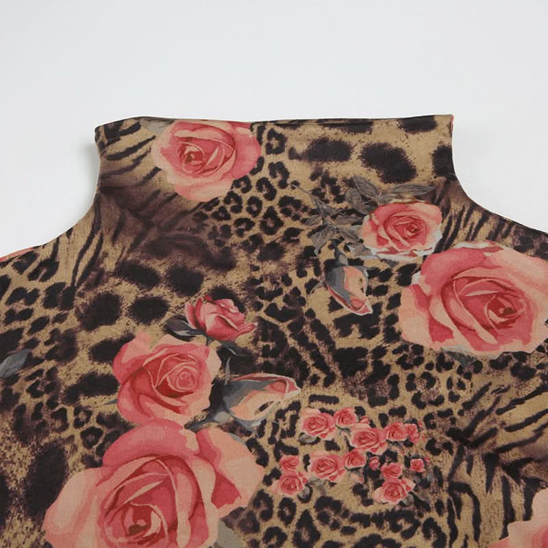 High neck flower print ruched contrast top