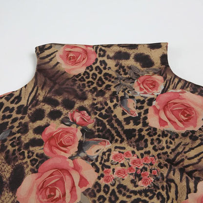 High neck flower print ruched contrast top