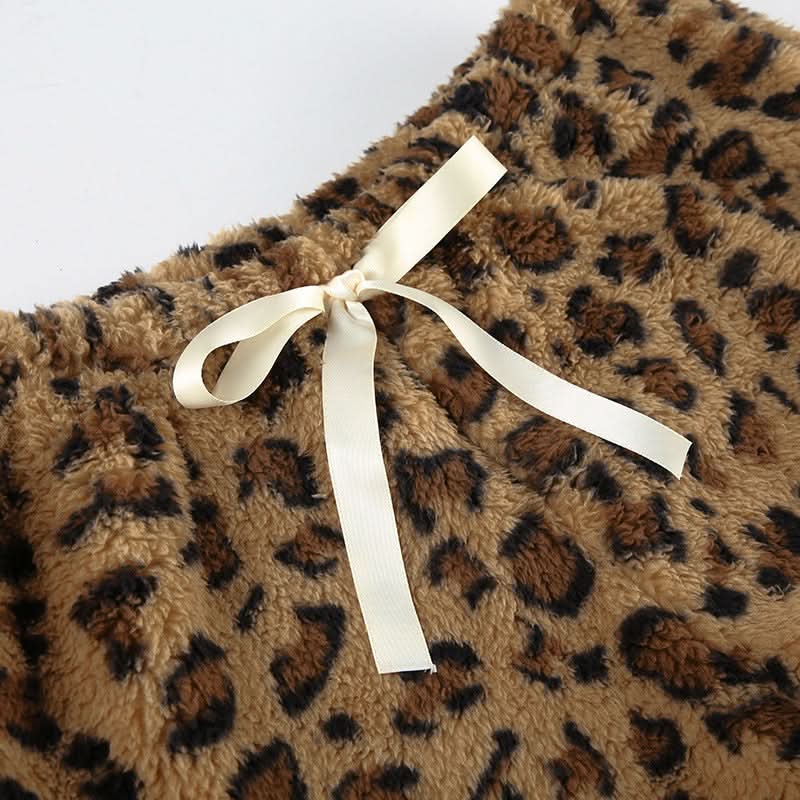Drawstring leopard print fluffy low rise straight leg pant