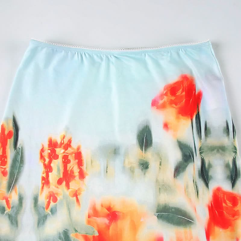 Ruched flower print contrast mini skirt