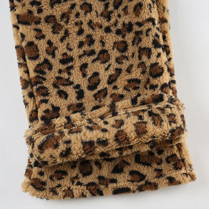 Drawstring leopard print fluffy low rise straight leg pant
