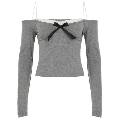 Ruffle bowknot long sleeve spaghetti strap top