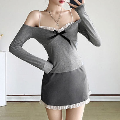 Ruffle bowknot long sleeve spaghetti strap top