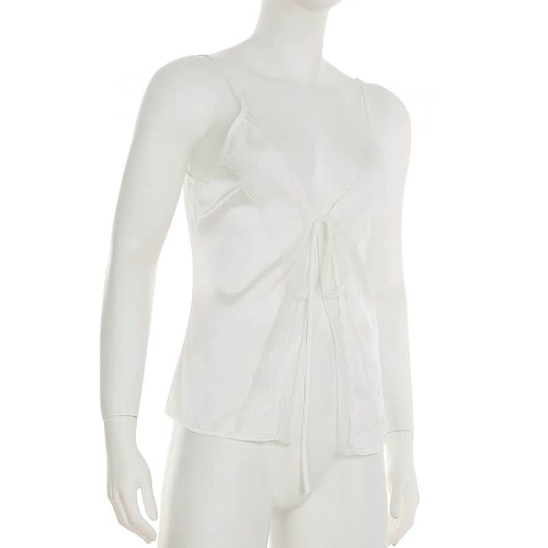 Self tie lace hem satin deep V neck cami top