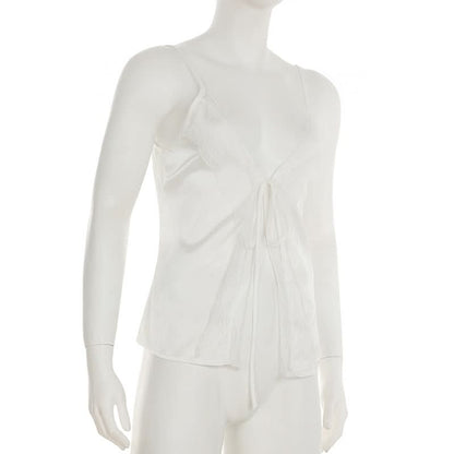 Self tie lace hem satin deep V neck cami top