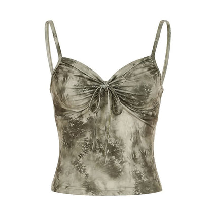 Ruched v neck print backless cami top